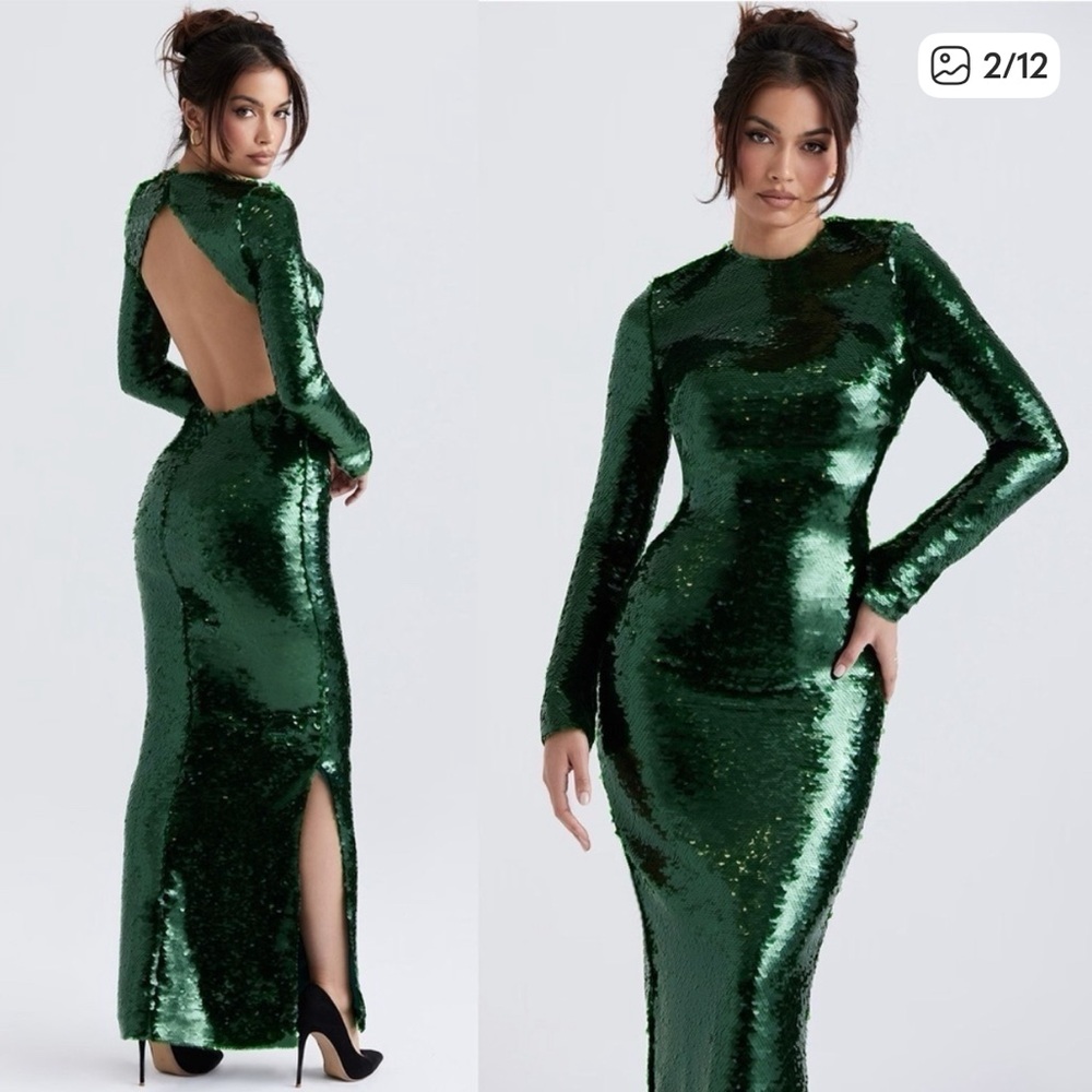 NEW! House of CB- Belle Pine Green Sequin Maxi Dress Long Sleeve Backless XS